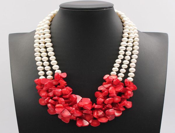 

guaiguai jewelry 3 strands natural white potato round pearl red coral necklace handmade ethnic style for women6120047, Silver
