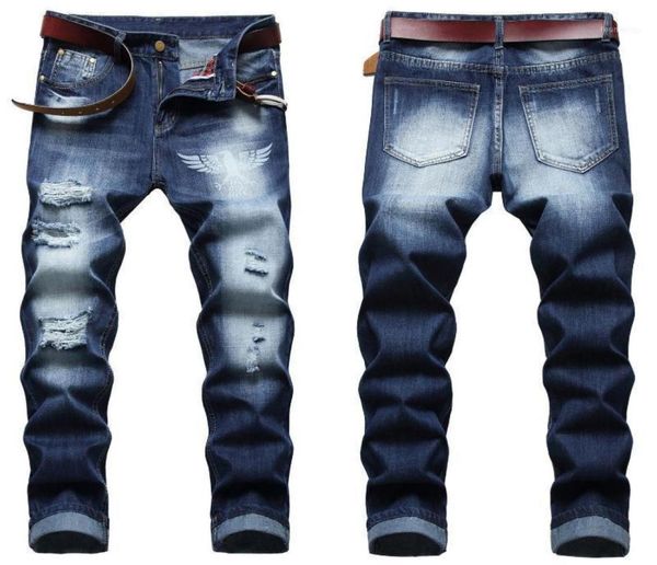 

men039s jeans menrsquos eagle prints whitewashed ripped denim pants slimming scratches casual pants4685865, Blue