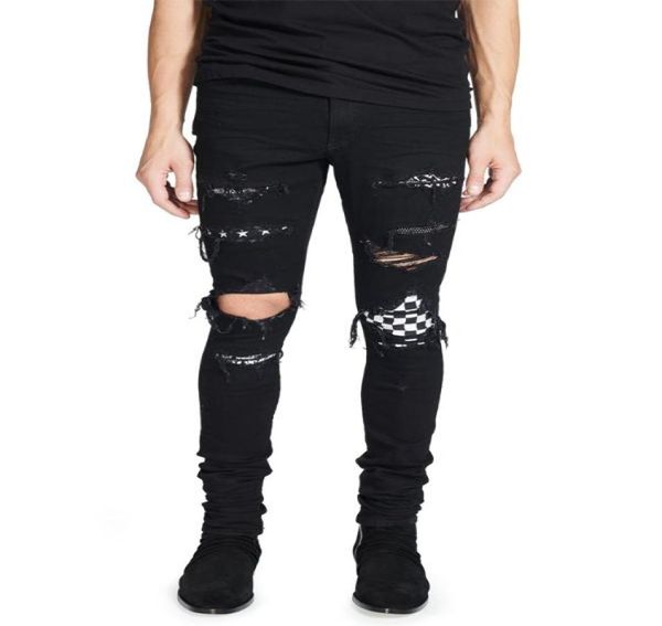 

mens jeans high street fashion mens jeans black color destroyed hip hop jeans men broken punk pants patch skinny ripped for men6669460, Blue