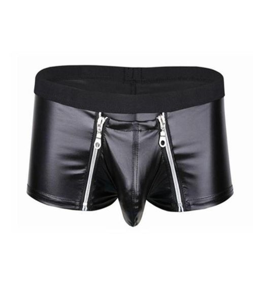 

underpants mens lingerie faux leather underwear bulge pouch with double zipper closure boxer briefs low rise male panties1952559, Black;white