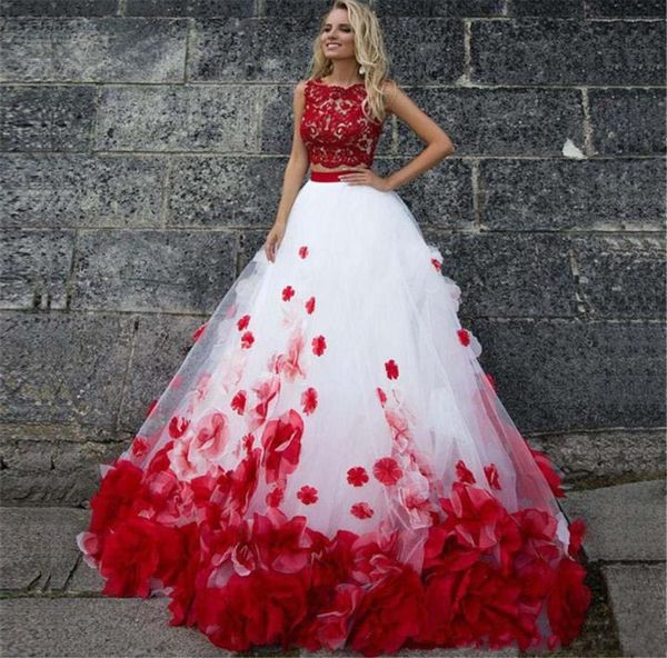 

white and red 2 pieces wedding dresses lace handmade petals flower romantic 2020 modern bridal gowns customize plus size9738782