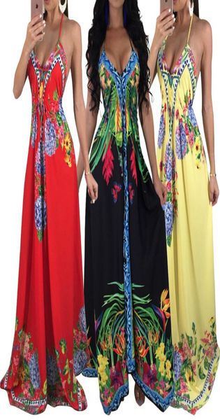 

fashion summer sleeveless backless dresses spaghetti strap beach dress deep vneck women long sundress bow boho floral print 4253088, Black;gray