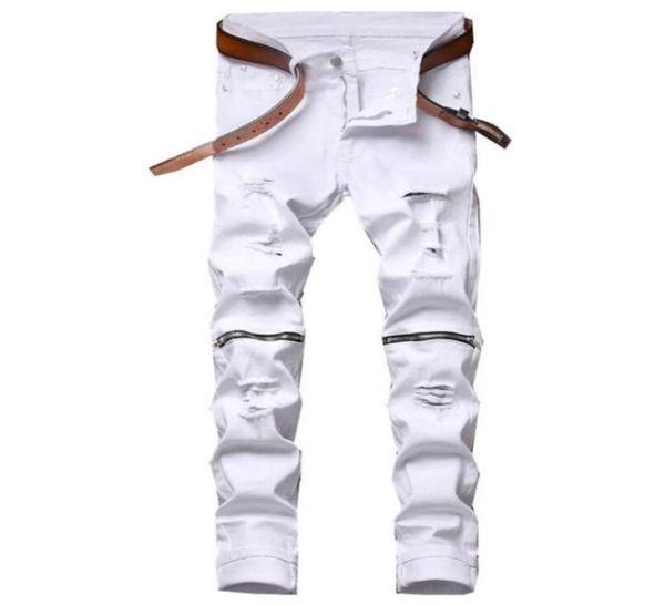 

men039s jeans 2021 spring summer original design fashion hole elastic white knee zipper slim pants men fit84598621431287, Blue