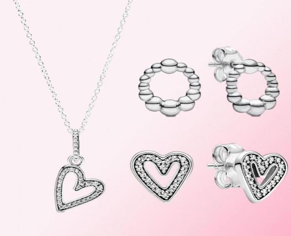 

100 925 sterling silver stud valentine039s day sparkling hand heart beaded circle stud earrings pendant necklace women0348335395084033, Golden;silver