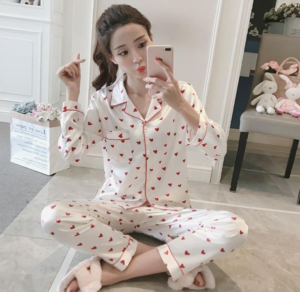 

whole wavmit 2018 women comfortable silk pajama set girl print pyjama set long sleeve sleepwear suit women nightshirt sets y192084117, Black;red