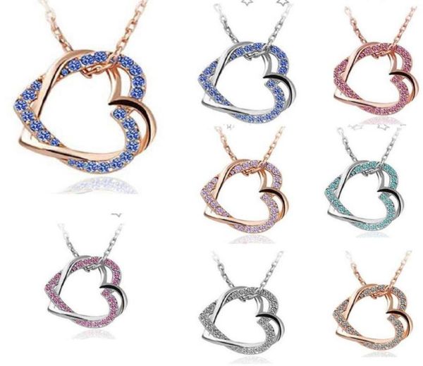

crystal diamond double heart pendant necklace silver plated chain choker necklaces crystal rhinestone crystal necklace for women g7462643