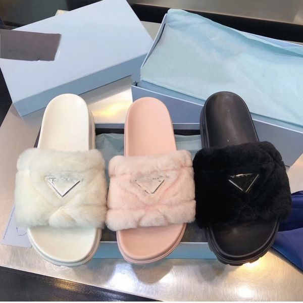 

slipper sandal luxurys designers women ladies wool slides winter fur prad fluffy furry sandals slippers warm comfortable fuzzy flip flop sli, Black