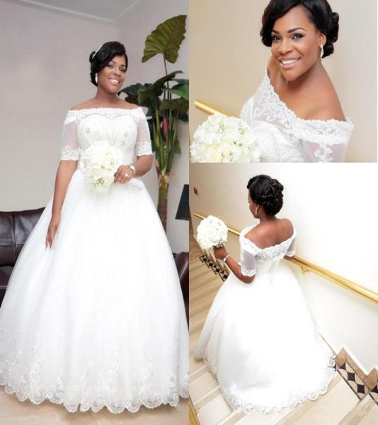 

plus size african wedding dresses short sleeves off the shoulder aline laceup tulle floor length bridal gowns summer outdoor wed6402428, White