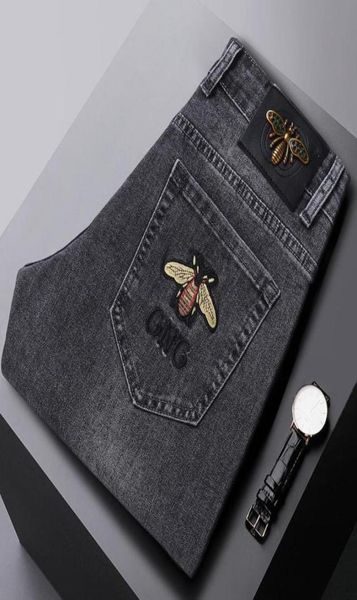 

fashion spring mens slim elastic jeans bee embroidery business denim pants classic style1370330, Blue