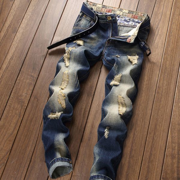 

men's jeans men streetwear ripped denim pants trend trousers for casual solid biker destroyed hole straight 230711, Blue