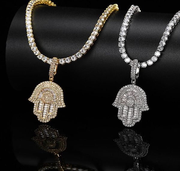 

hip hop hand of fatima hamsa pendant necklace bling copper shining cubic zircon for men women gifts platinum plated ne8694739, Silver