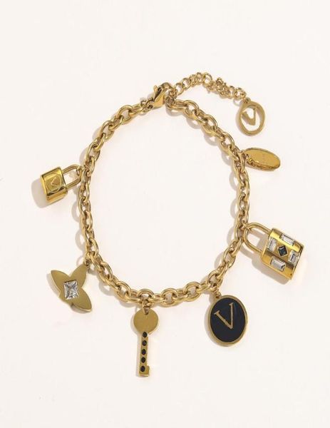 

stamped gold v bracelets for women luxury stainless steel key lock leaf flower heart letter link chain charms bangles gifts lucky 5093771, Golden;silver