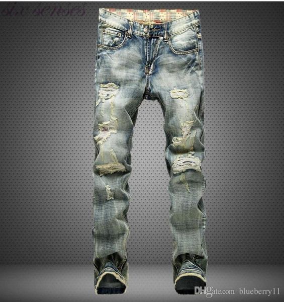 

big size european style men jeans famous brand holes frazzle jeans mens casual leisure denim long pants light blue size 28423122723