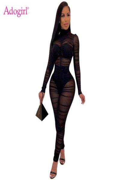 

adogirl women black sheer mesh ruched jumpsuit high neck long sleeve slim romper night club overalls fashion bodysuits6464928, Black;white