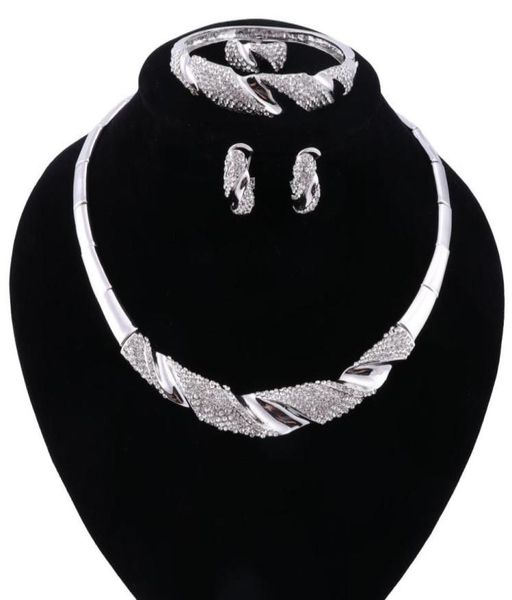 

2 colors gold silver plated women statement necklace bracelet ring earrings for party wedding jewelry sets7981052, Black