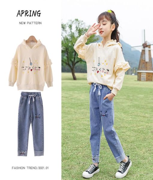 

fashion kids girls clothing set cartoon cat hooded coats and denim pants 2 piece outfits costumes for kids children sport sets7055336, White