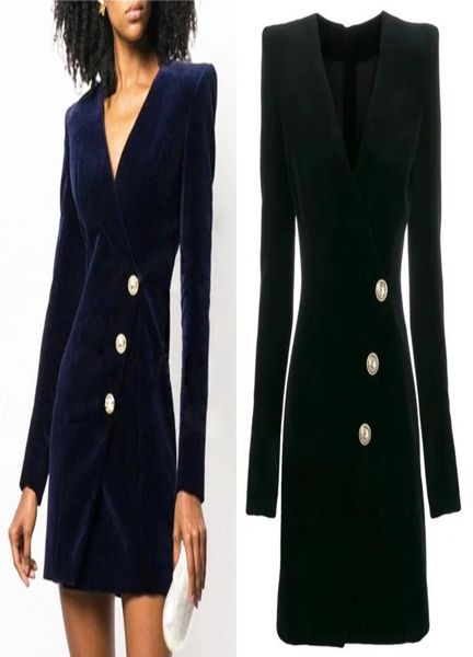 

european and american catwalk with the same lion button long sleeve velvet slim temperament dress3617049, Black