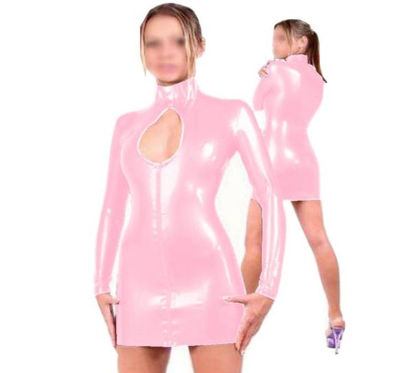 

8 colors ladies keyhole front pvc long sleeve dress women nightclub mini dress novelty zipper button neck pencil vestido6649254, White;black