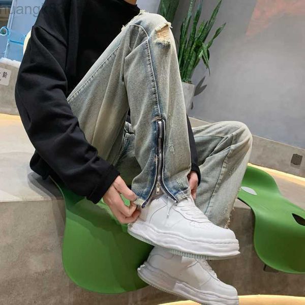 

jeans for menunmun american distressed jeans men's summer thin design high street fashion brand split zipper, Blue