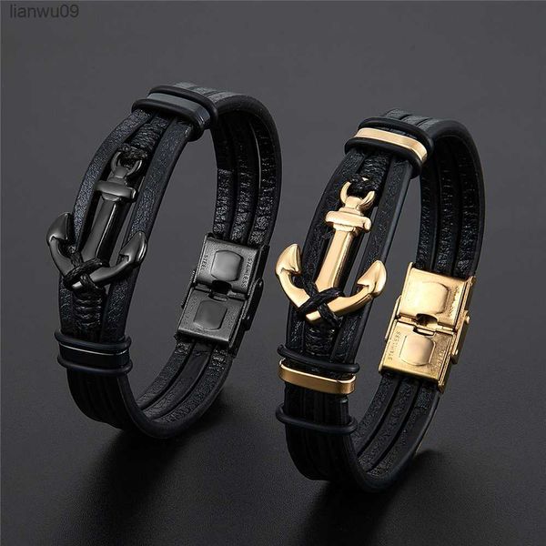 

new punk stainless steel anchor bracelets genuine leather bracelet bangles for men bracelet jewelry black color fashion gift l230704