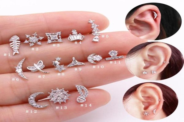 

sellsets 1piece 20g barbell moon star shape sparkling cz ear tragus helix cartilage stud rook piercing jewelry for women9693271, Slivery;golden