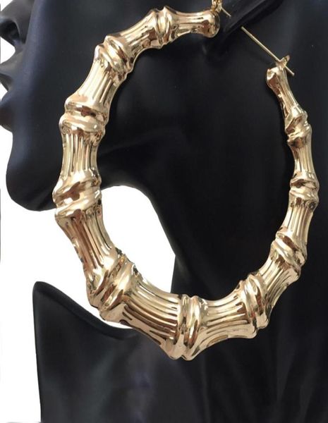 

qcooljly vintage big golden bamboo hoop earring circle earring 100mm for women statement punk jewelry brincos4391313, Golden;silver