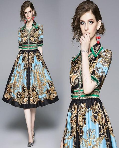 

luxury fashion womens elegant short sleeve floral print button front lapel neck printed dress office ladies slim party runway5207886, Black