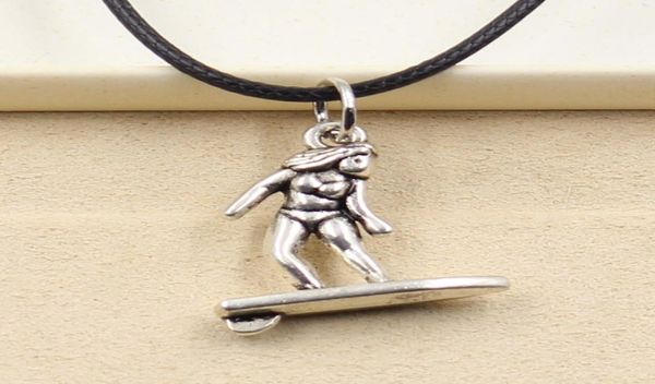 

tibetan silver color pendant surf player necklace choker charm black leather cord factory handmade jewelry l9fz5313274