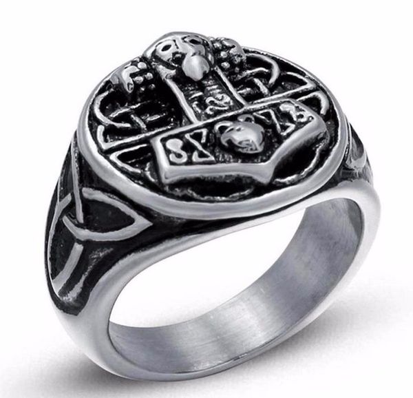 

whole 2018 fashion jewelry bague odin 039s symbol of norse viking hammer ring biker stainless steel rings for men 6c02744843292, Golden;silver