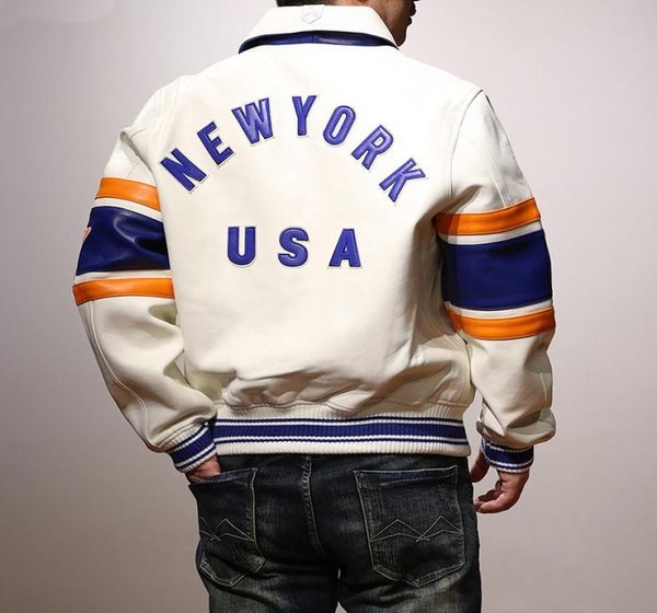 

new york men039s baseball leather bomber jackets avirex casual flight suit white sheep skin genuine leather coat4968175, Black;brown