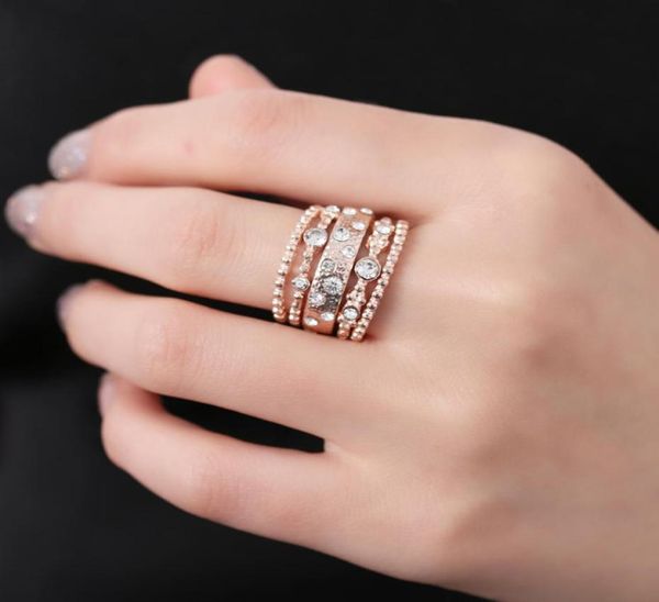 

5 pcs charm vintage sparkly rose gold color crystal rhinestone stackable ring set for women wedding jewelry7581041, Golden;silver
