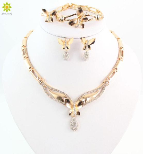 

fashion butterfly pendant crystal necklace earrings ring bracelet set gold plated african bridal costume jewelry sets17206704758379, Slivery;golden