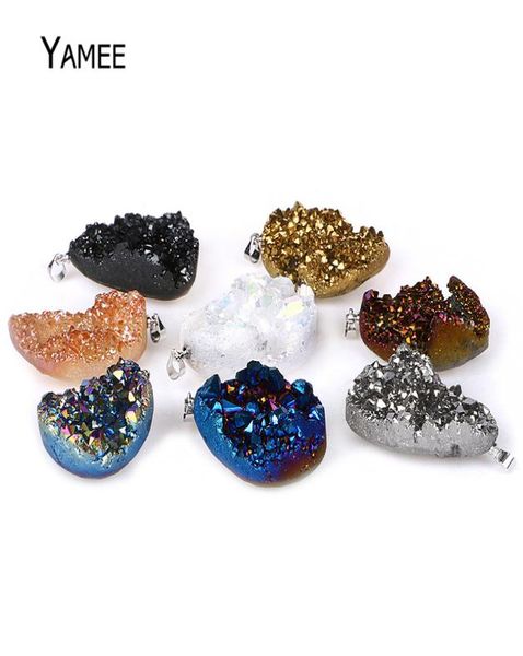 

5pcs titanium opal white raw mineral crystal quartz geode druzy pendant for jewelry making necklace chakra natural stone pendulum6632729, Bronze;silver