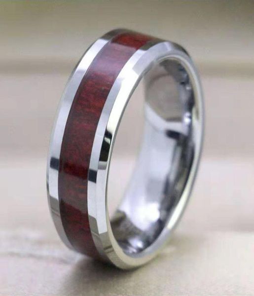 

8mm tungsten finger rings durable vintage titanium stainless steel wood inlay ring jewelry for men women 316l stainless steel 111 5498597, Silver