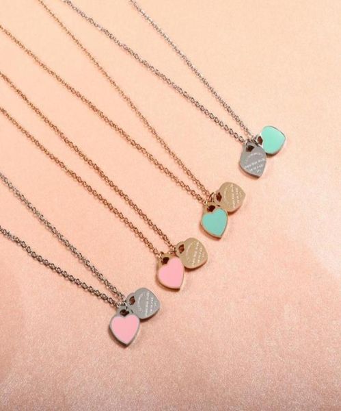 

fashion pinkblue enamel double love heartshaped pendant necklace women stainless steel frang chain link jewelry gift chains6934158, Silver