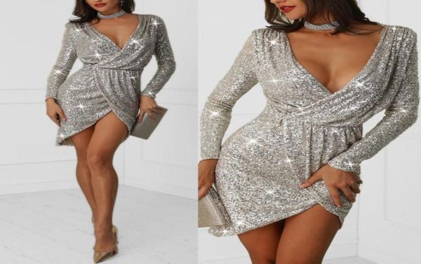 

2019 women clothes dress v neck women sequined deep v neck long sleeve dress1368205, Black;gray