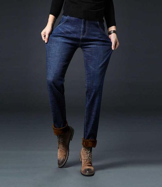 

2020 winter new men039s warm fleece slim fit jeans business fashion thicken denim trousers stretch brand pants black blue x06212941485