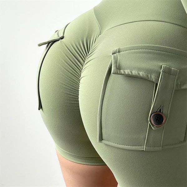 

summer womens yoga pants leggings sports wear solid color 14 colour pocket button design shorts fashion fitness pants high waist short leggi, Black