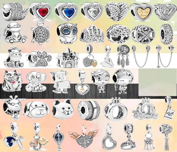 

925 silver fit charm 925 bracelet silver color lucky cat safety chain dog paw crown owl love charms set pendant diy fine beads jewelry556985, Bronze;silver