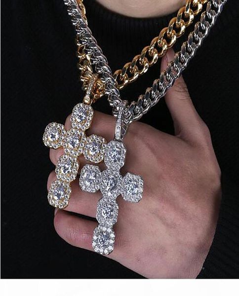 

92mm large size iced out cross pendant necklace bling micro pave cubic zirconia simulated diamonds 10mm 18inch cuban chain retro s9613110, Silver