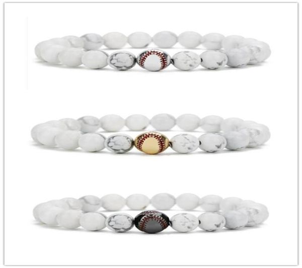 

copper baseball ball charms bracelet 8mm white turquoise stone beads bracelet elastic strand friendship wristband jewelry1810910, Golden;silver