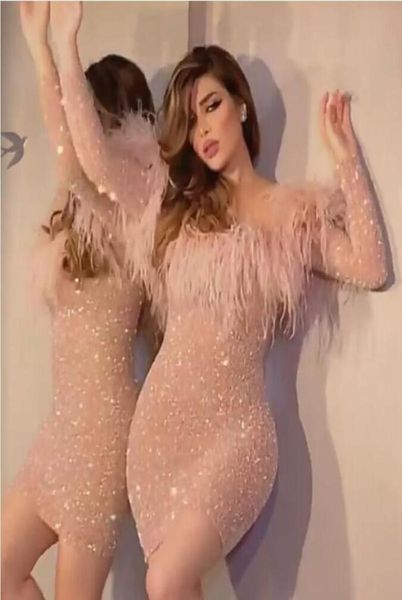 

women dress evening dress pink feather beads yousef aljasmi kendal jenner women dress kim kardashian long sleeve sheath mini9853330, Black;pink