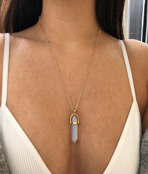 

fashion hexagonal column quartz necklaces pendants gold chain natural stone crystal pendant necklace for women jewelry8298335, Silver
