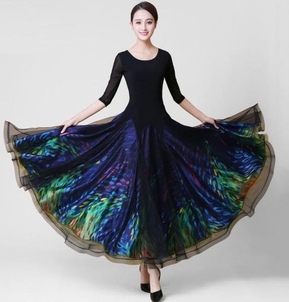 

new adultwomen ballroom dance dress ladies modern waltz standard competition dance dress black round neck 12 sleeve printed dres2623533, Black;red