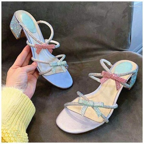 

sandals mule butterfly peep toe slippers women beach candy color silk stain chunky med heels slids outfit shoes, Black