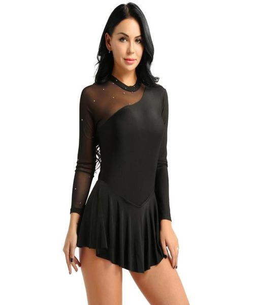 

casual dresses women figure ice skating dress mesh shiny rhines pinsee through long sleeves gymnastics leotard ballet dance costume2183219, Black;gray