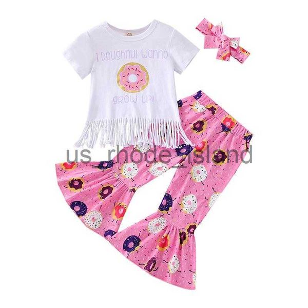 

clothing sets clothing sets bmnmsl 3 pieces kids suit set letter doughnut print o-neck short sleeve tassel + flared trousers+ headband 1-5 y, White