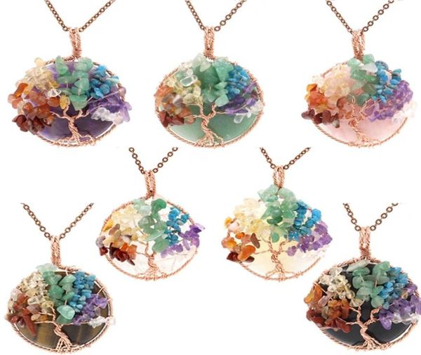 

7 chakra healing crystal natural round gemstone pendant necklace tree of life copper wire wrapped reiki jewelry for women1475721, Silver