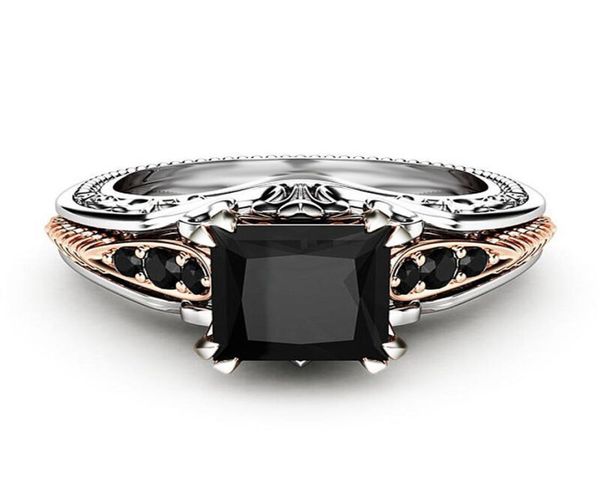 

carve flower black diamond ring band finger square stone wedding engagement rings for women fashion jewelry venlentine gift will a8731235, Golden;silver