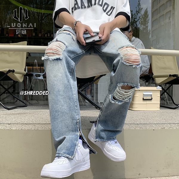 

men's jeans american split hole jeans men's summer retro high street straight pants ins loose thin beggar b 230711, Blue